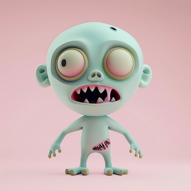 Un zombie effrayant avec une expression adorable, de petits emojis aux couleurs pastel douces.