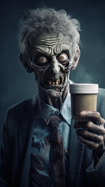 un zombie effrayant tenant un verre d'espresso