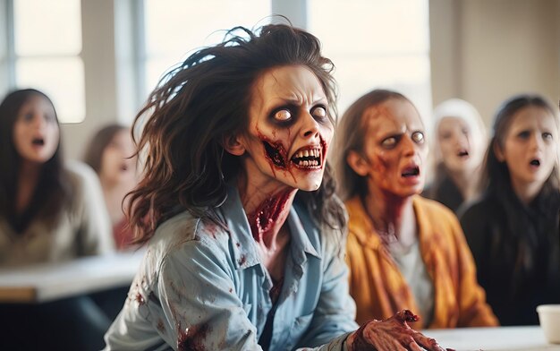 Un zombie effrayant avec un visage ensanglanté une scène d'horde d'apocalypse de zombies