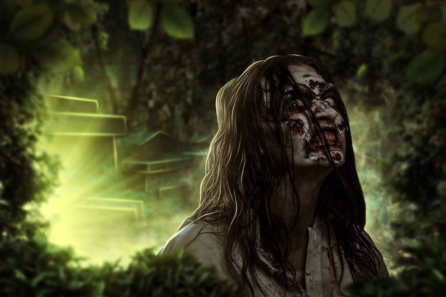 Le zombie féminin criant dans le cimetière. Horreur