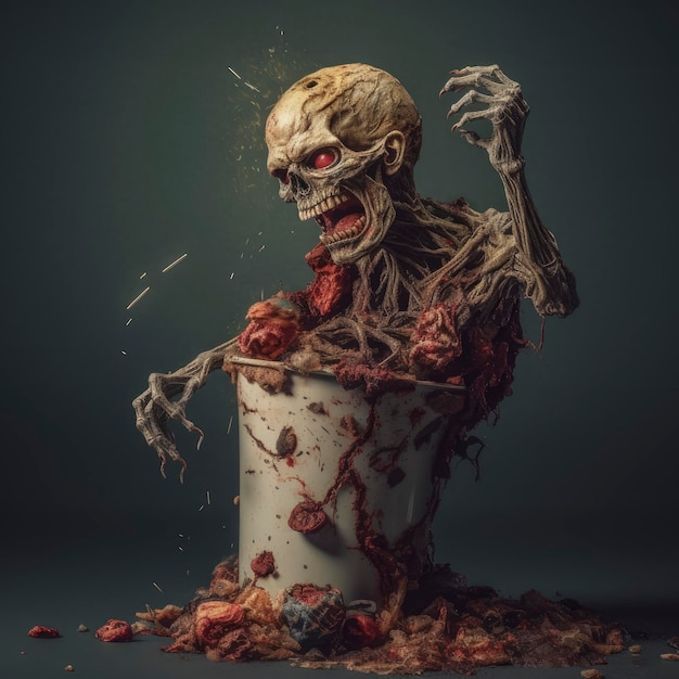 Un zombie à l'intérieur d'une poubelle