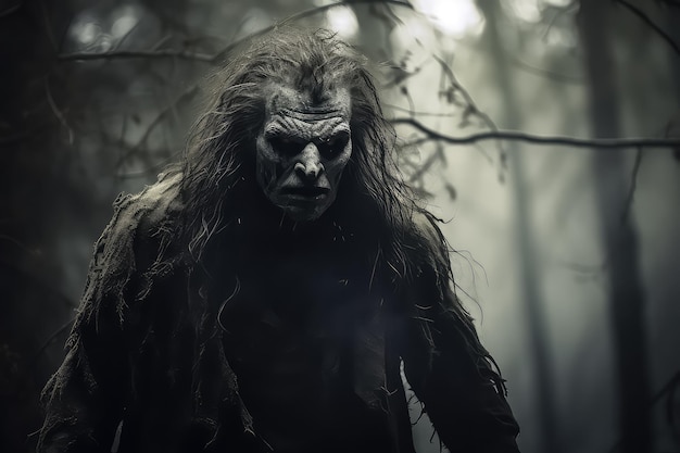 un zombie marchant dans les bois près d'un pont dans le style de la nature norvégienne