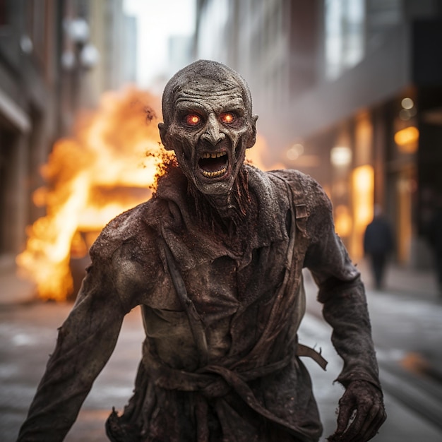 Un zombie marche dans la rue une ville en feu en arrière-plan