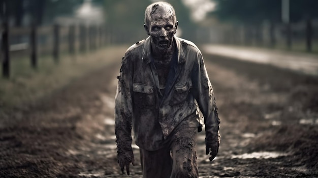 Un zombie marche sur une route boueuse