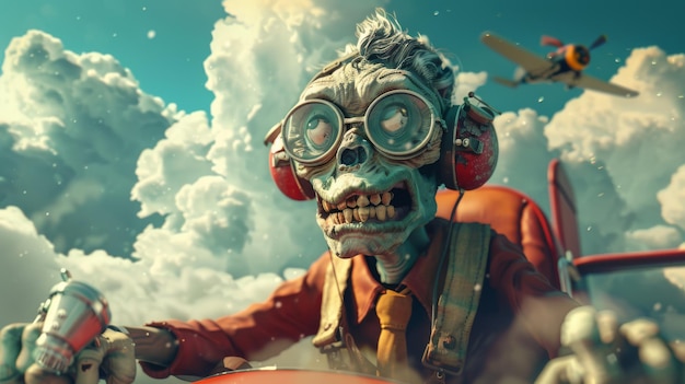 Un zombie rendu en 3D en tant que pilote volant un avion à travers des nuages de style dessin animé