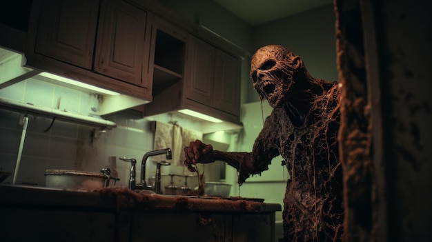 Photo un zombie sculpté dans la cuisine, un ustensile sombre et trempé.