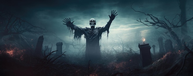 Zombie sortant d'un cimetière cimetière effrayant nuit d'Halloween ai générative