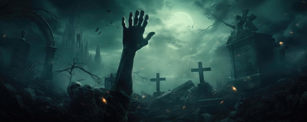 Zombie sortant d'un cimetière cimetière effrayant nuit d'Halloween ai générative