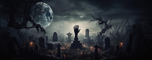 Zombie sortant d'un cimetière cimetière effrayant nuit d'Halloween ai générative