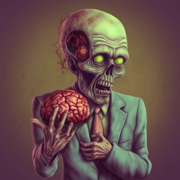 Un zombie tenant un cerveau humain