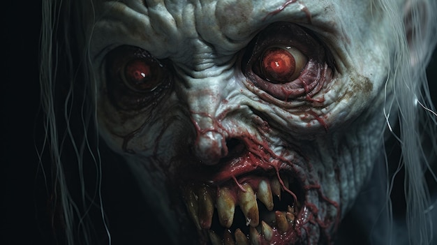 Photo zombie terrifiant avec des yeux lumineux realiste et hyper détaillé en gros plan
