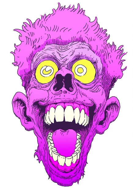 un zombie violet avec des yeux jaunes et une langue rose