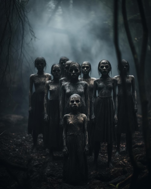 Photo des zombies effrayants dans la forêt sombre.