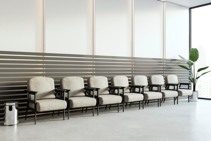 Photo zone d'attente contemporaine avec des sièges confortables et une vue panoramique sur la ville design d'intérieur minimaliste 3d render