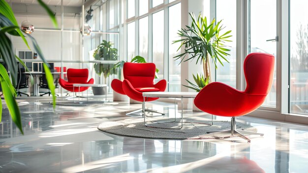 Photo zone d'attente avec trois fauteuils rouges et une table avec une plante dessus la pièce a une grande fenêtre avec une plante devant elle