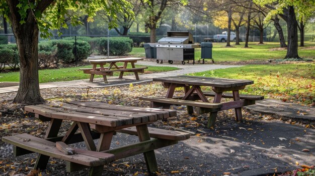 Une zone de barbecue commune avec des grilles et des tables de pique-nique pour les travailleurs pour cuisiner et manger ensemble