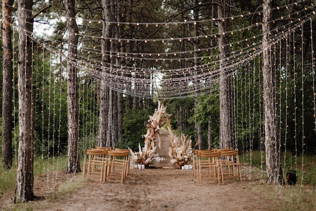 Photo zone de cérémonie de mariage avec des fleurs séchées dans un pré dans une forêt de pins bruns