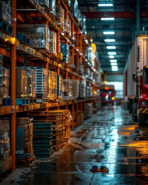 Photo une zone de chargement d'un entrepôt avec des camions, des palettes, du papier peint