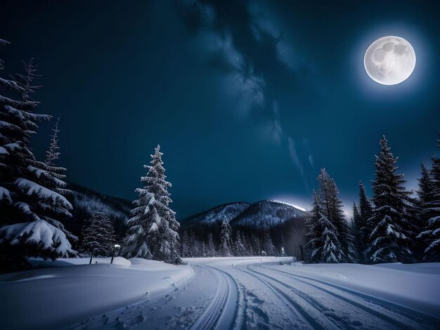 Une zone enneigée ultra-réaliste avec des pins et la pleine lune dans le ciel