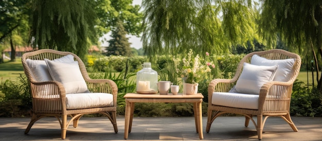 Zone extérieure meublée avec de beaux meubles en rattan, des coussins confortables et divers objets décoratifs