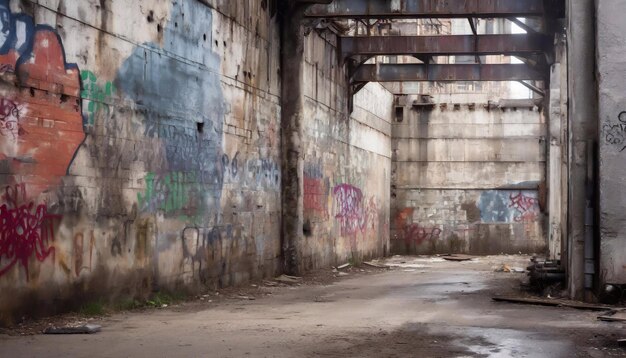 Photo zone industrielle abandonnée avec des graffitis sur les murs scène urbaine