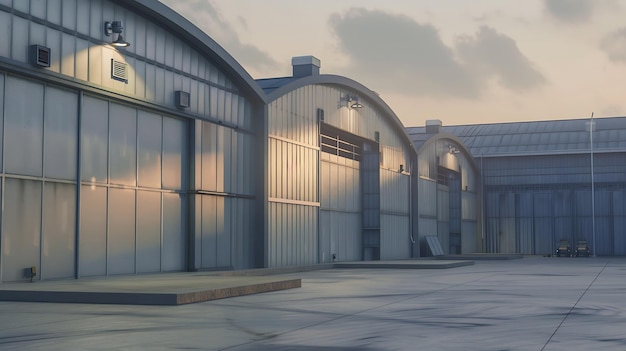 Photo zone industrielle des hangars identiques sont situés côte à côte zone industrielle en somme ia générative