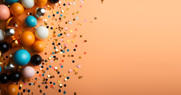 Zone photo de bannière de vacances d'abricot pour une fête avec des confettis et des ballons générés par l'IA