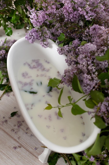 zone photo pour une séance photo avec du lilas. bain de fleurs