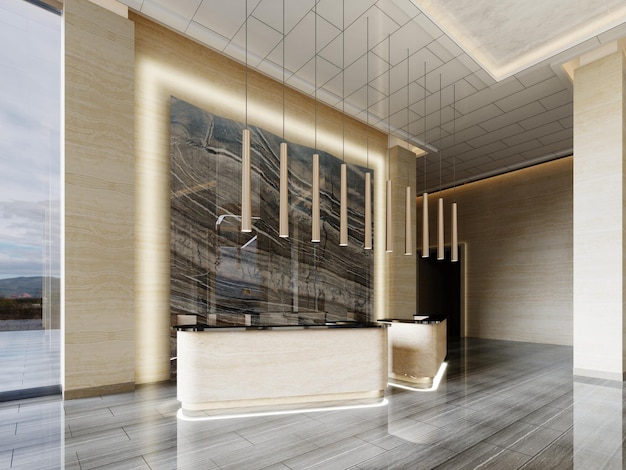 Zone de réception avec deux comptoirs de réception avec panneau en marbre noir éclairé dans un intérieur moderne