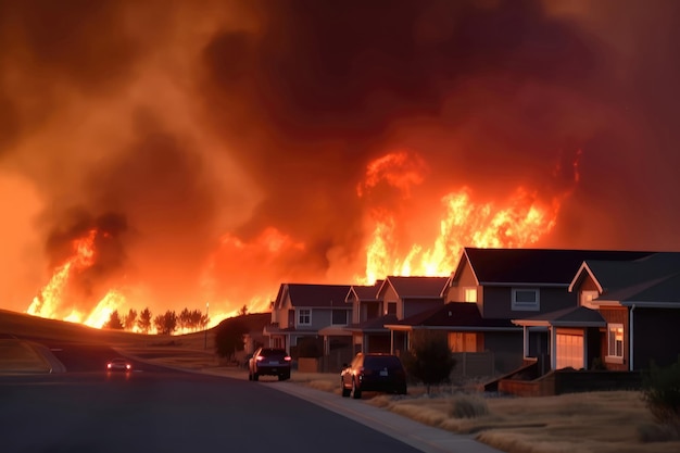 Zone résidentielle avec fumée et flammes en arrière-plan AI générative