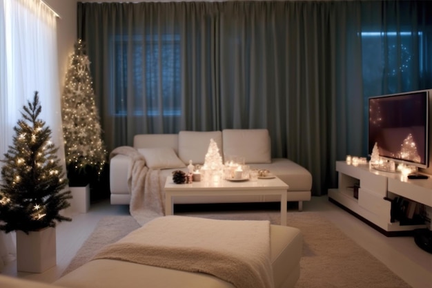 Zone de salon lumineuse et élégante à la décoration festive dans une maison moderne avec fenêtres et arbre de Noël Format horizontal Espace de copie IA générée
