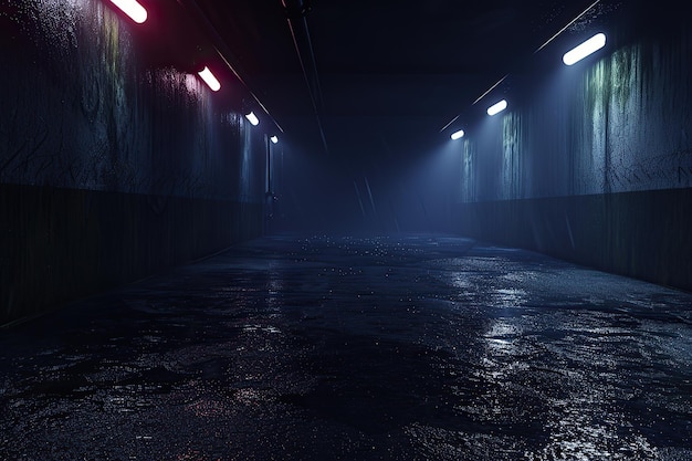 Zone de stationnement au sous-sol de minuit ou allée de passage souterrain Asphalte humide et brumeux avec des lumières sur les parois criminalité concept d'activité de minuit