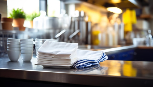 Zone de vaisselle propre et vide dans la cuisine ou l'hôtel