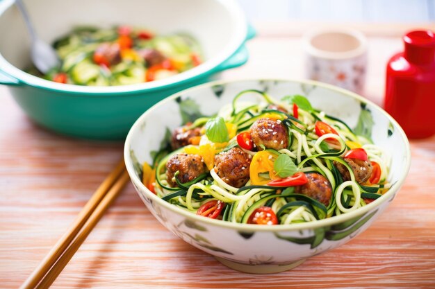 Zoodles avec des boulettes de viande dans un bol lumineux