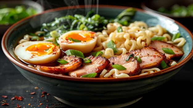 Photo zoom sur un bol de nouilles ramen à la vapeur mettant en évidence le bouillon riche tranches tendres de porc et œufs parfaitement cuits chaos 70 ar 169 styliser 900 job id 2bdc9150d1da47aaa1b83d259218e110