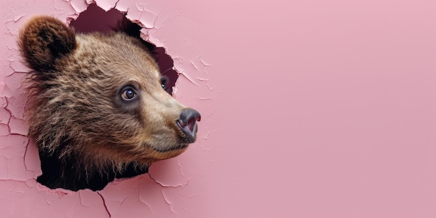 Photo zoom dans l'image de briser le mur rose et l'ours dans le trou rose creux aigx