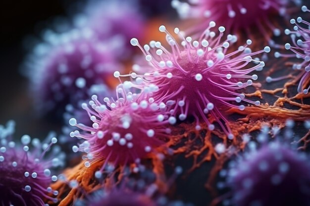 Zoom en gros plan extrême sur une macrophotographie de bactéries IA générative