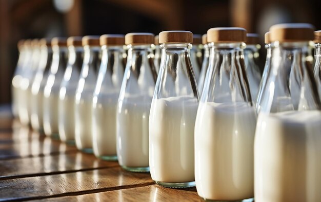 Photo zoom rapproché lait frais dans des bouteilles en verre ia générative