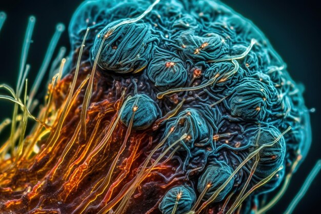 Un zoom sur la texture de l'anémone avec une microphotographie bleue