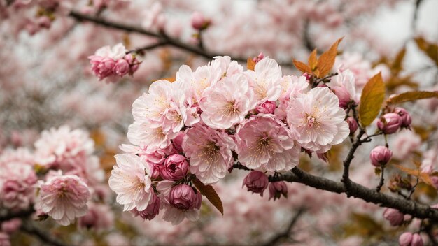 Zoomez sur les détails intricats des fleurs de cerisier japonaises sur un fond naturel luxuriant