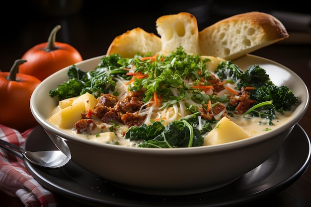 Zuppa Toscana Une soupe à base de saucisses italiennes piments rouges broyés lardons d'oignons blancs en dés