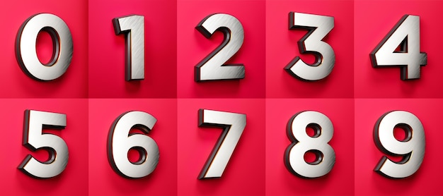 0 1 2 3 4 5 6 7 8 9 white silver foil numbers Black border set on a red background in 3d rendering