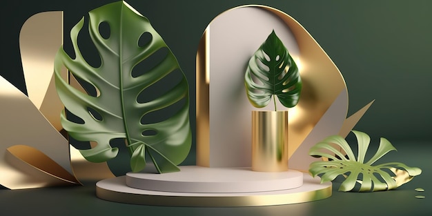 3d background product display podium scene with palm leaf and geometric platform