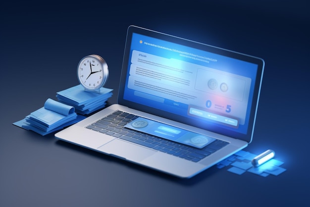 3d business invoice transaction for payment on laptop with clock alert notification