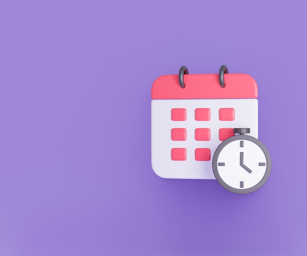 3d cartoon calendar clock icon on purple background. 3d rendering illustration