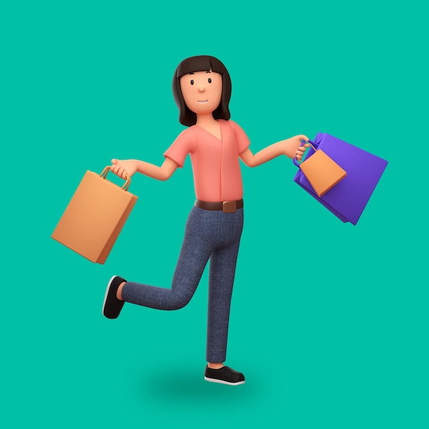 3d cartoon illustration woman carrying shopping bags with a happy expression