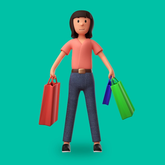 3d cartoon illustration woman carrying shopping bags with a happy expression