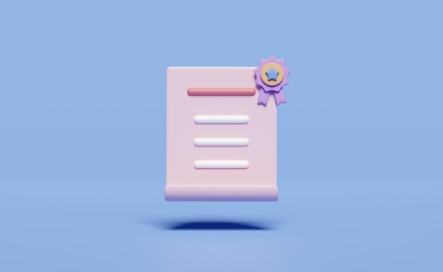 3d certificate icon with quality guarantee ribbon and star for award diploma achievement grant isolated on blue background achieve goals success concept 3d render illustration
