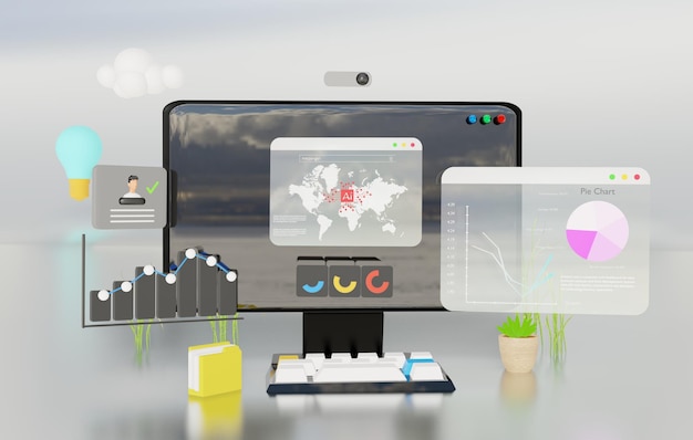 3d computer data analysis dashboard and ai investment world map or white PC screen SEO website I
