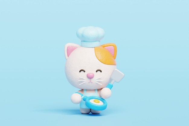 3D cute cat cooking Cartoon animal character 3D rendering